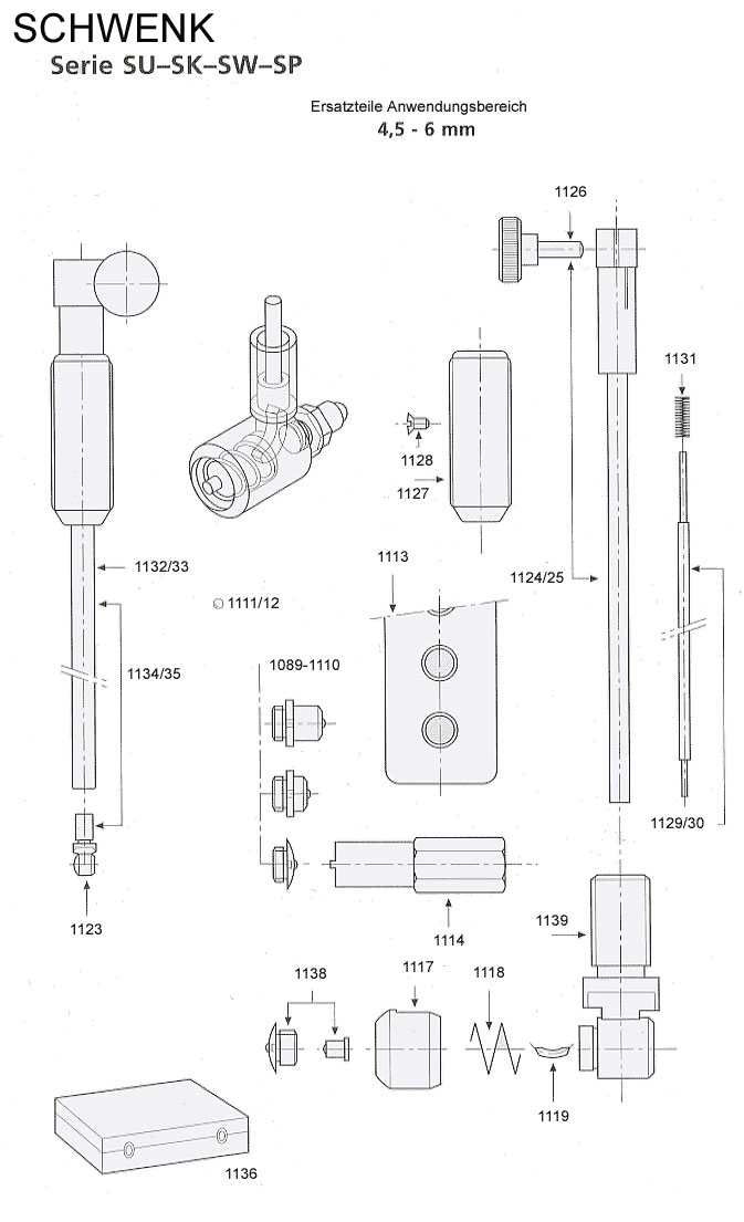 Zeichnung Ersatzteile Schwenk SU, SK, SW (4,5 bis 6 mm)