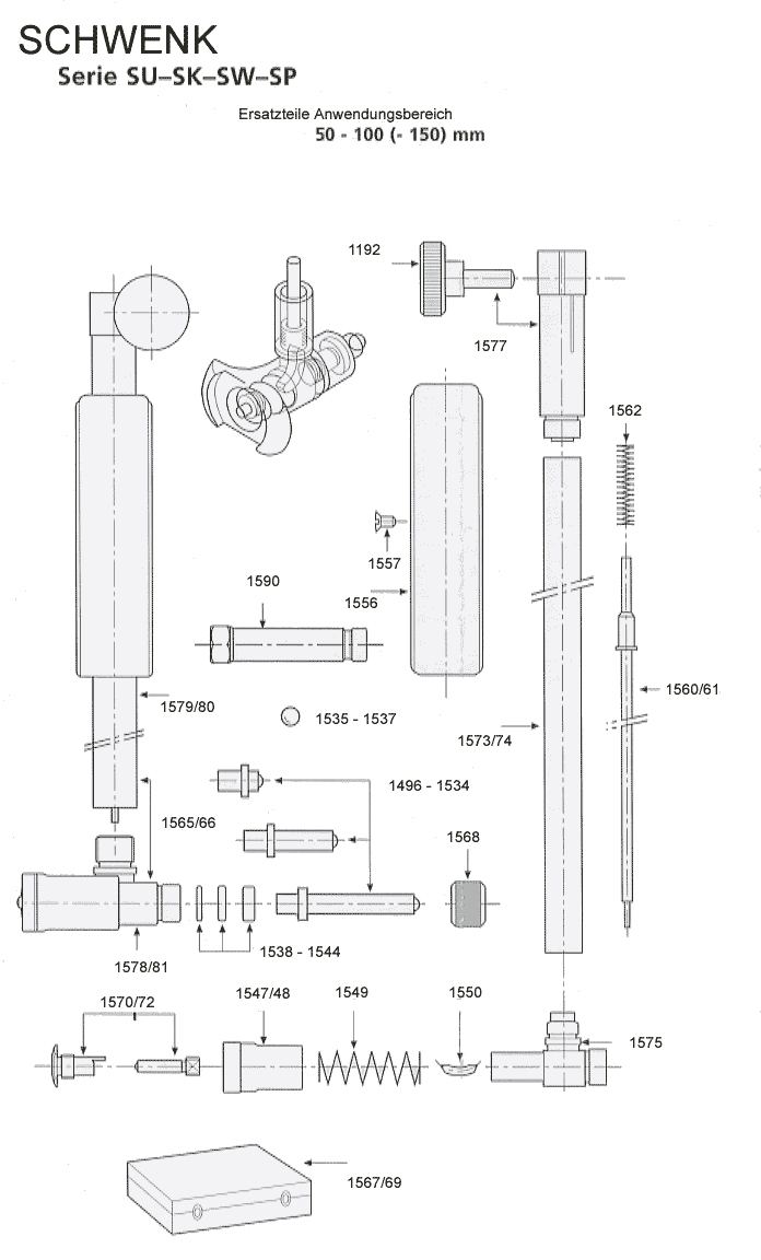 Zeichnung Ersatzteile für Schwenk SU, SK, SW Anwendungsbereich 50 bis 100 ( - 150 ) mm